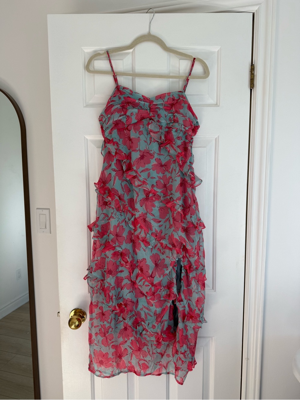 MINKPINK Teal Slip Dress with Pink Floral Ruffle Detail